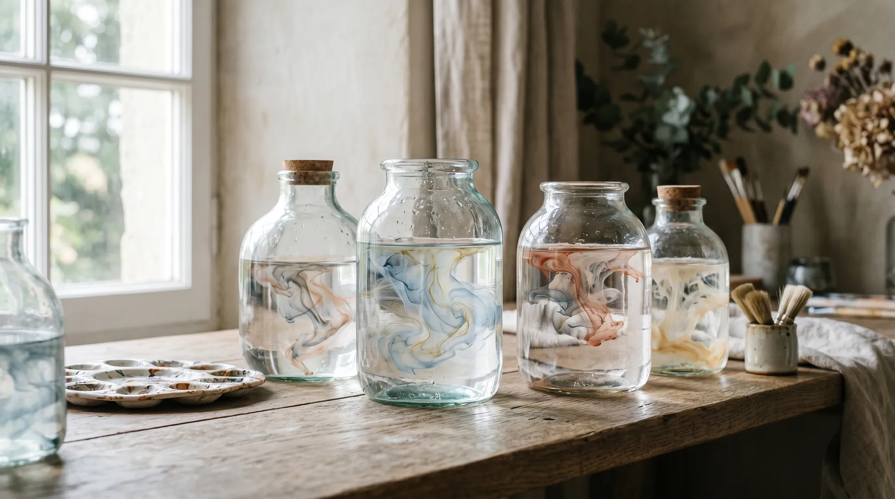 Sunlit glass mason jars filled with cloudy brush-washing water on a windowsill in an art studio
