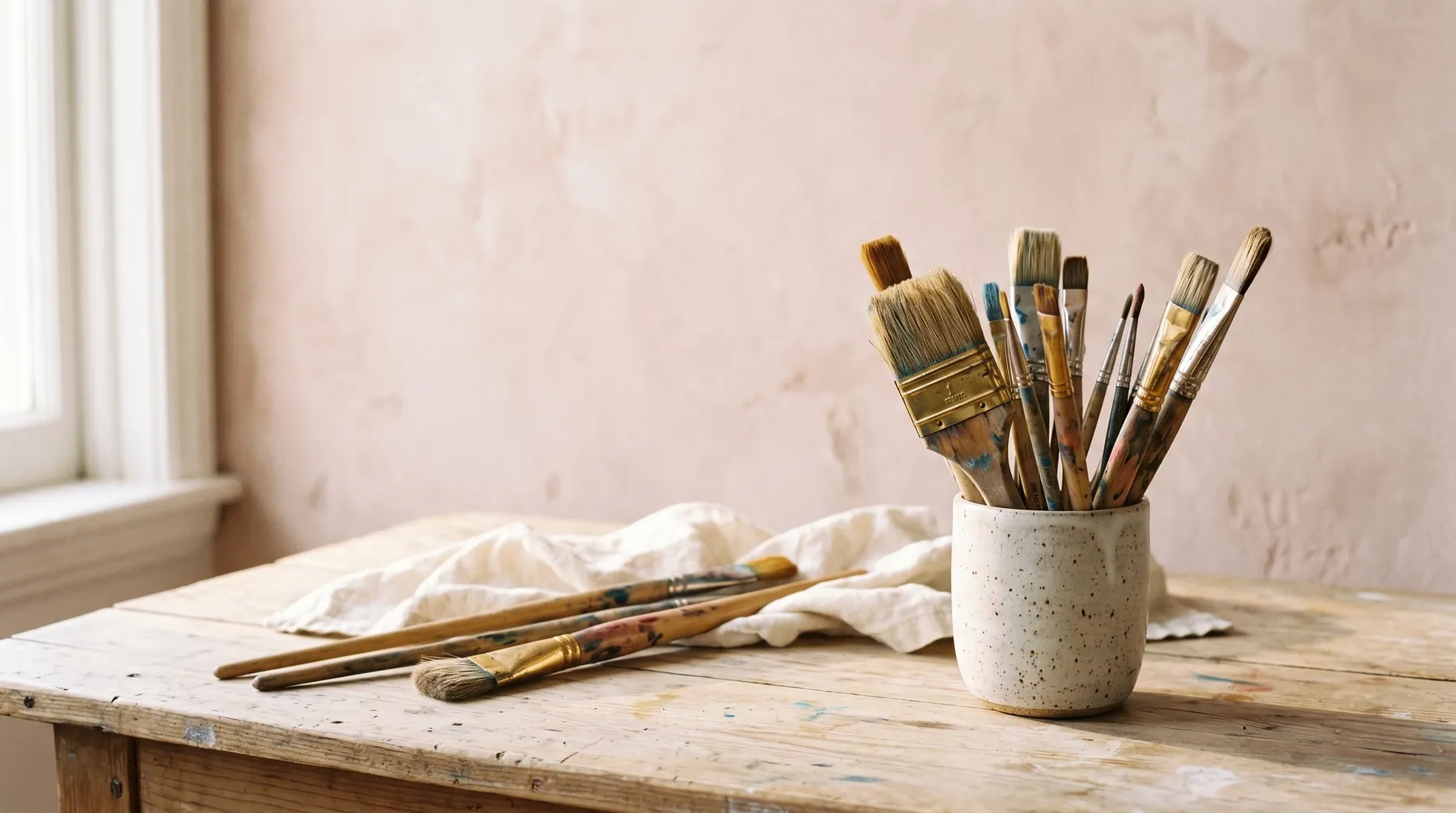 Paintbrushes standing in a ceramic jar on a studio table against a soft pink plaster wall