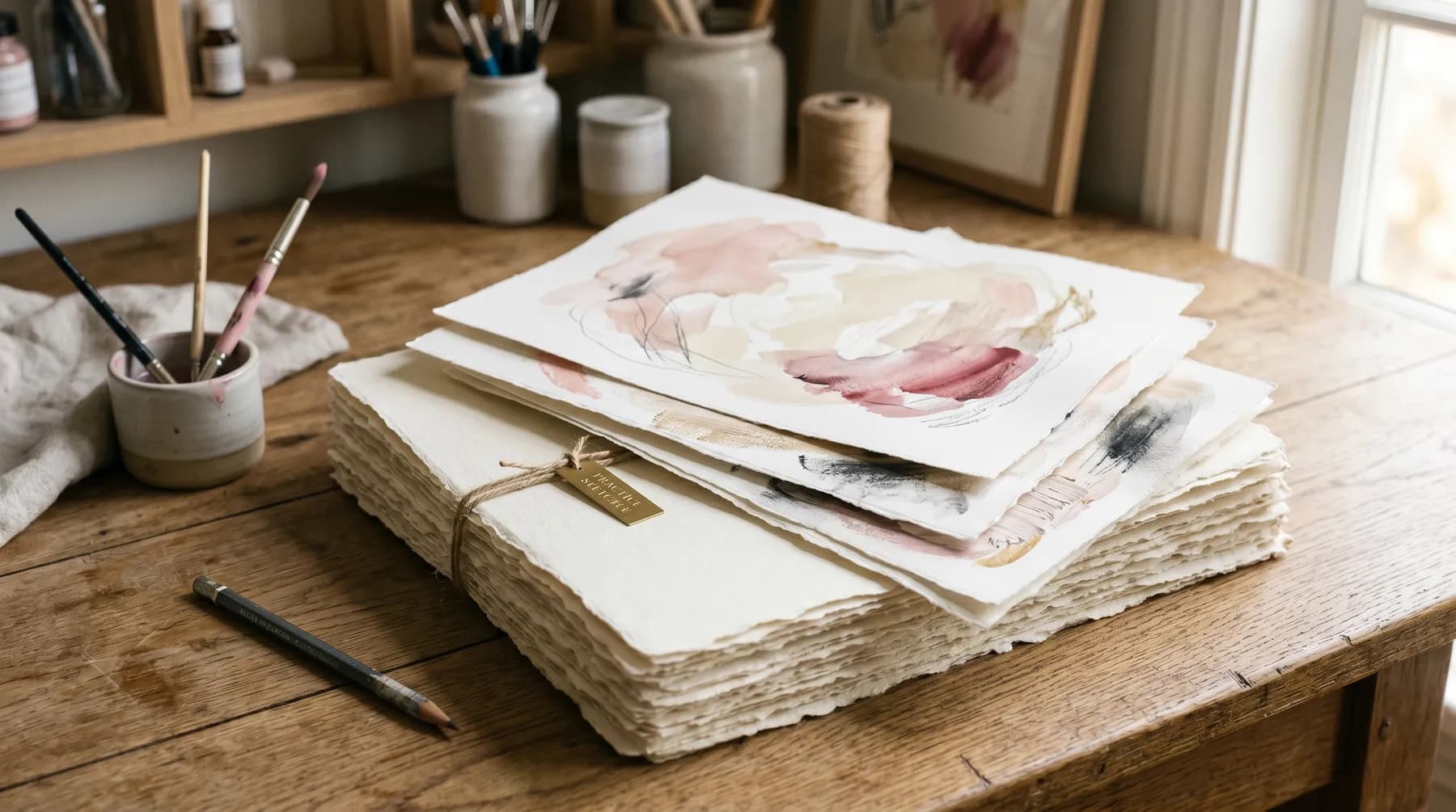 Stacked sheets of textured watercolour paper and brushes on a sunlit studio worktable