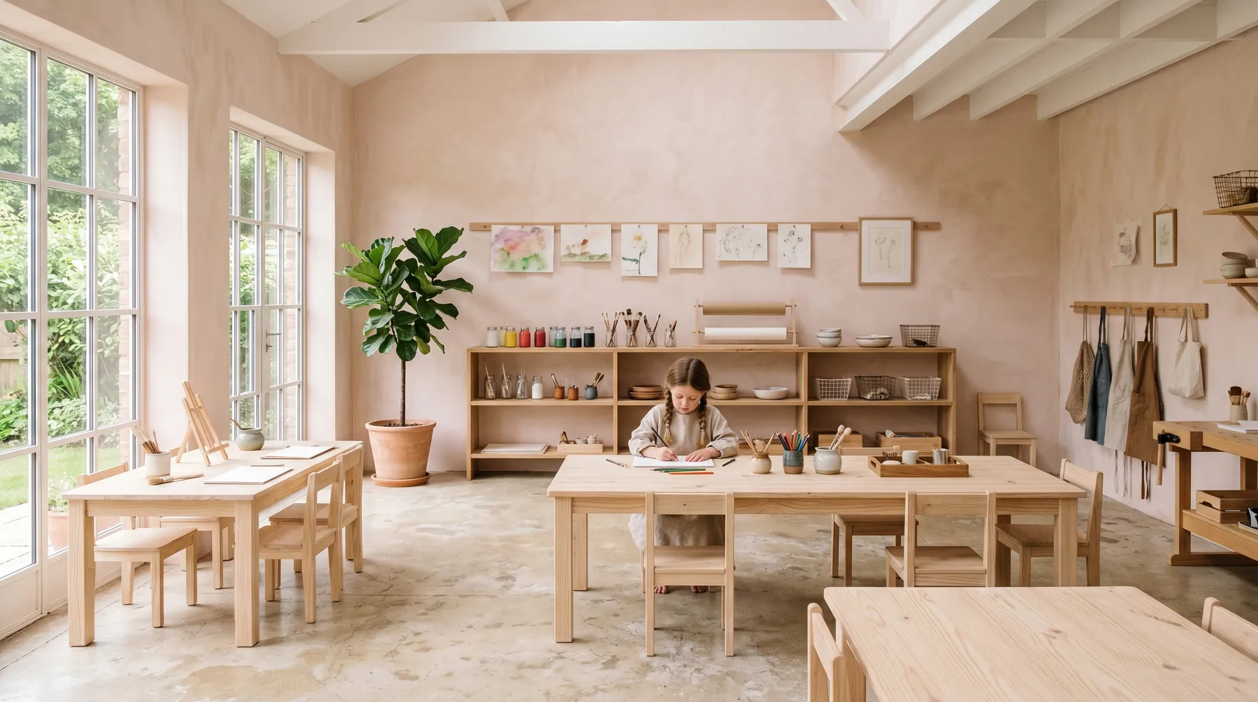 Warm, light-filled art studio room with small wooden tables set up and ready for a children's class