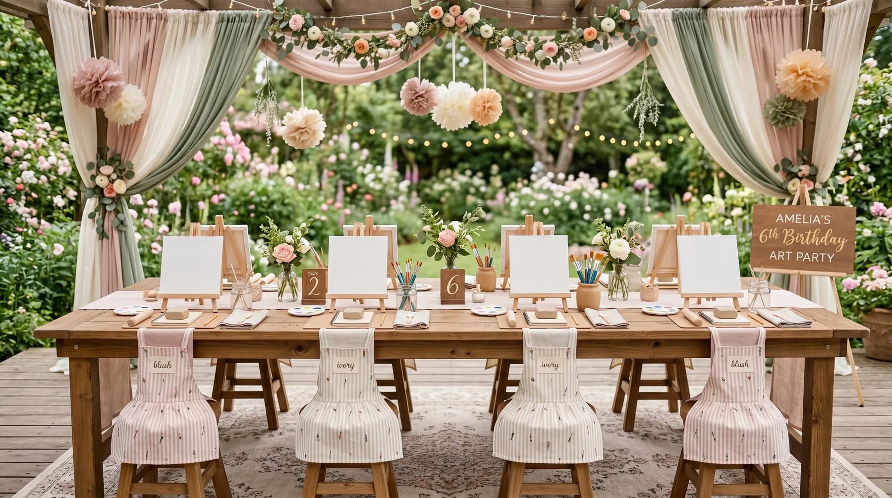 Outdoor children's art party table set with pastels and supplies under hanging florals and greenery