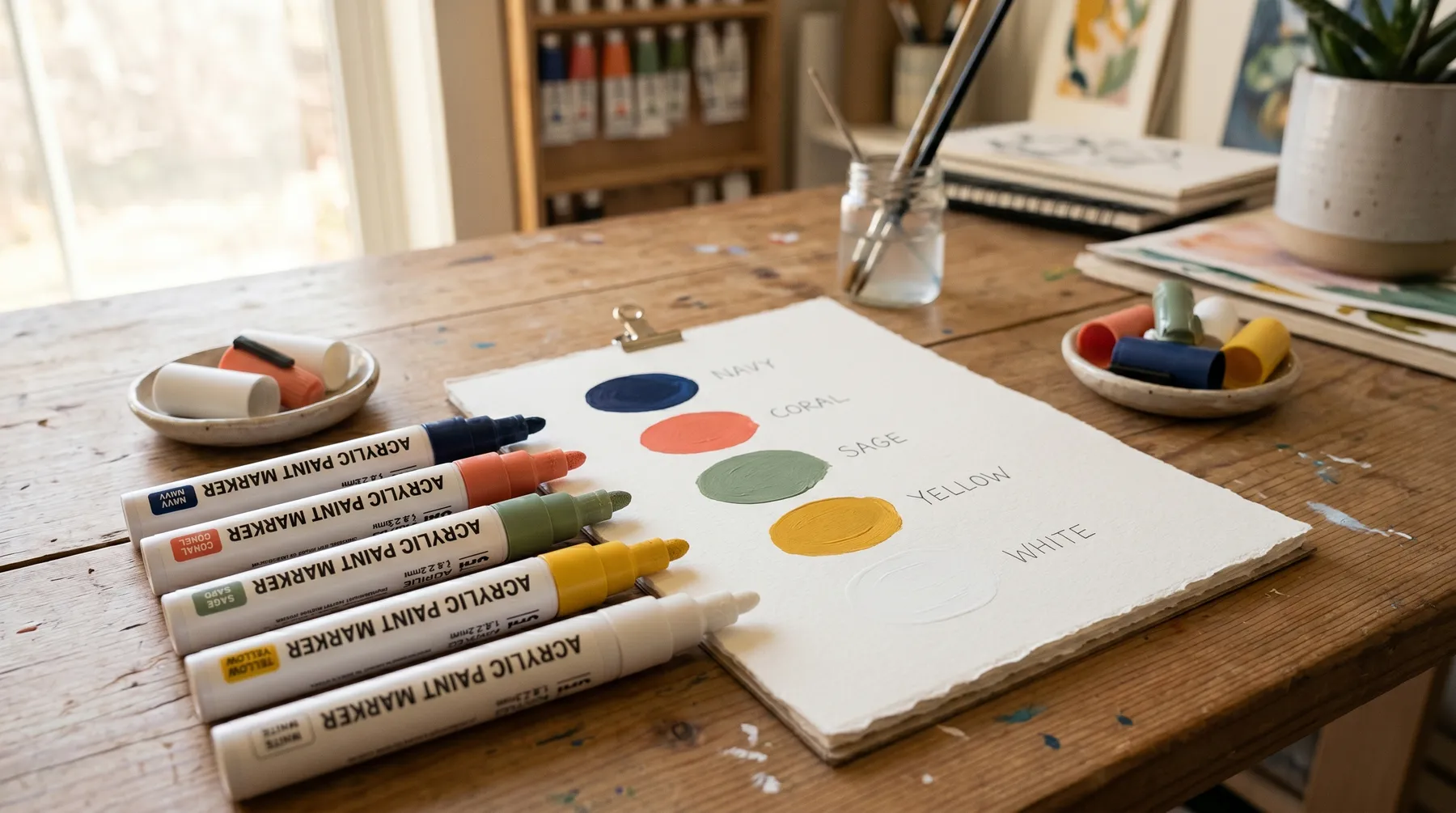 Colour-theory charts and a fan of soft pastels laid out on a wooden table for a painting lesson