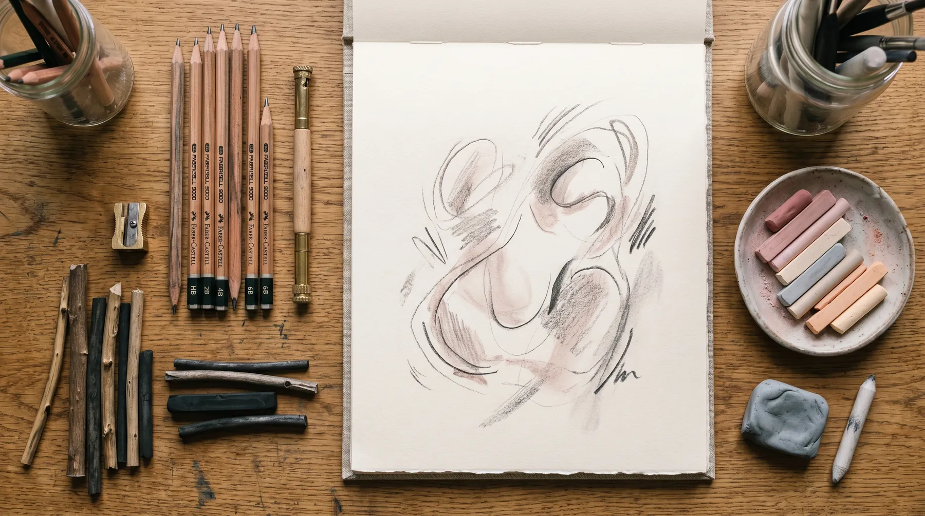 Flat-lay of graphite pencils and soft pastels arranged beside an abstract pencil sketch on paper