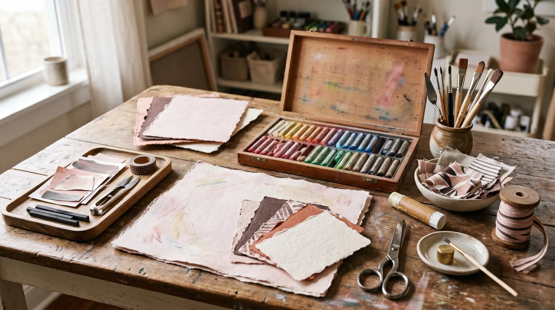 Open box of soft pastels and mixed-media art supplies curated on a wooden studio table