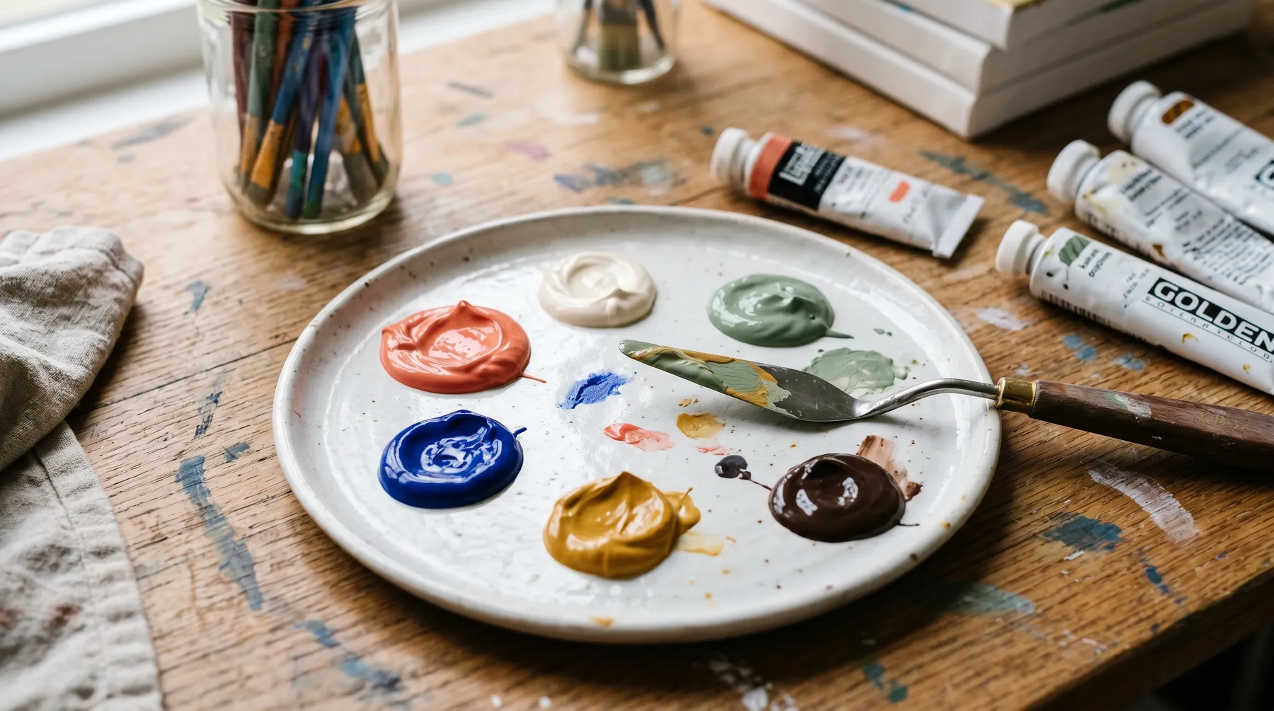 Close-up of a round artist's palette dotted with primary acrylic paint colours beside paint tubes